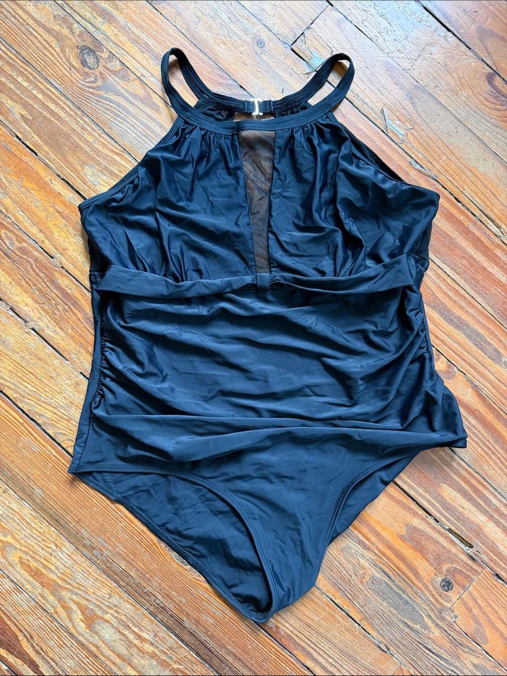 Black One-Piece Swimsuit with Sheer v neck Panel
